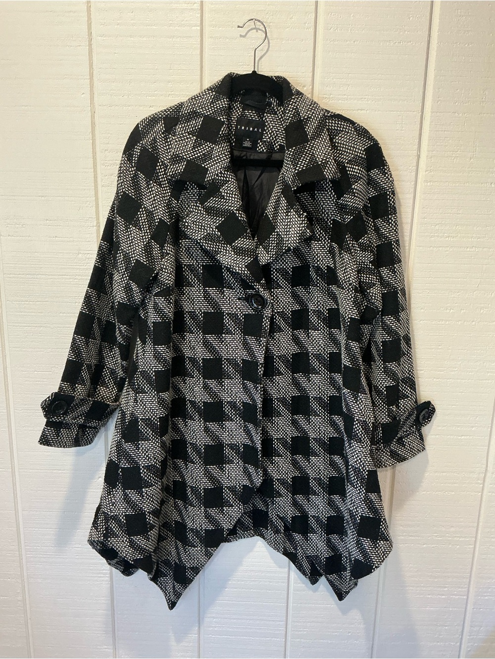 Tribal Black & White Wool Blend Houndstooth Asymmetrical Chic Swing Coat Sz M